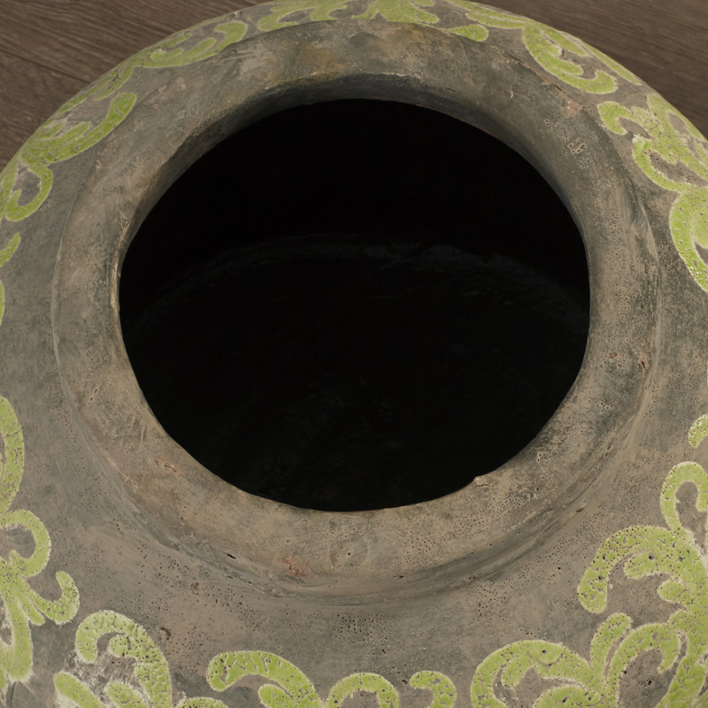 Vase en terre cuite vert / gris, H 12,5 po x l 13,5 po x P 13,5 po