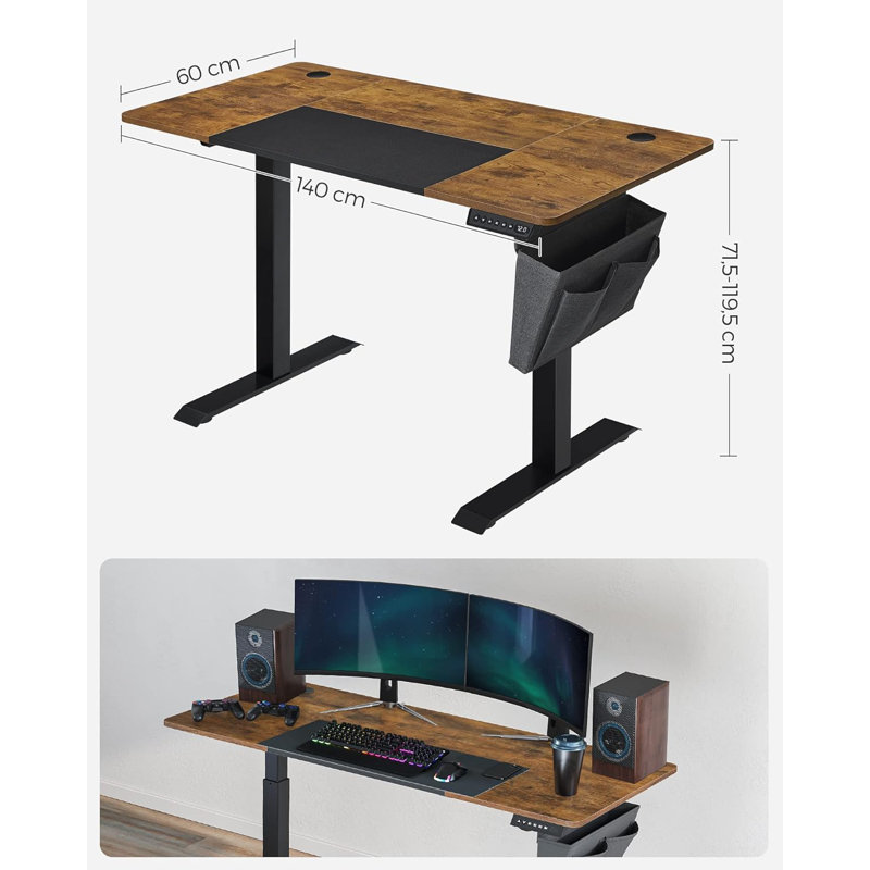 Hadrien Adjustable Metal Base Standing Desk with Power Outlet, Brown/Black/Black, 120cm H x 140cm W x 60cm D