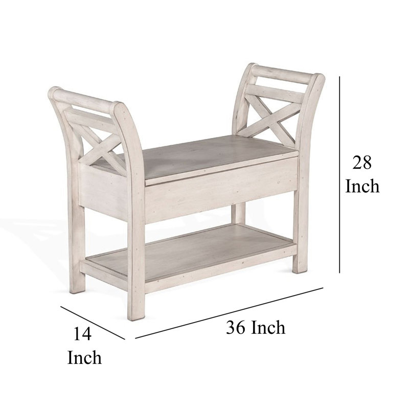 Banc d'appoint Sime 36 pouces, panneau en X et rangement, acajou blanc ivoire