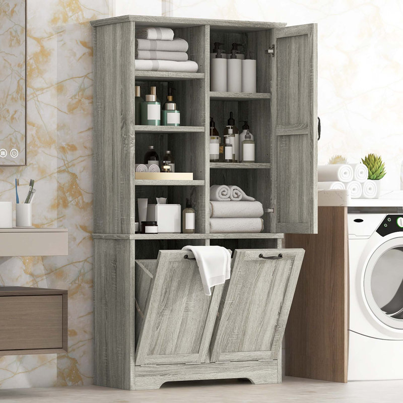 Armoire de rangement autoportante pour salle de bain avec portes et tiroirs, panier à linge inclinable, tablette ouverte et tablette réglable