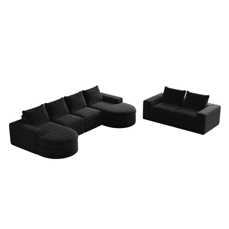 Canapé modulaire en chenille avec méridienne incurvée avec méridienne Chenille, Chenille noir