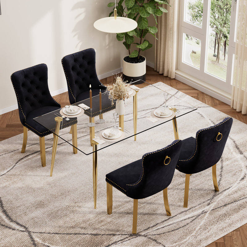 Ensemble de table de salle à manger rectangulaire moderne en verre trempé, table de salle à manger de luxe avec chaise de salle à manger en velours capitonné