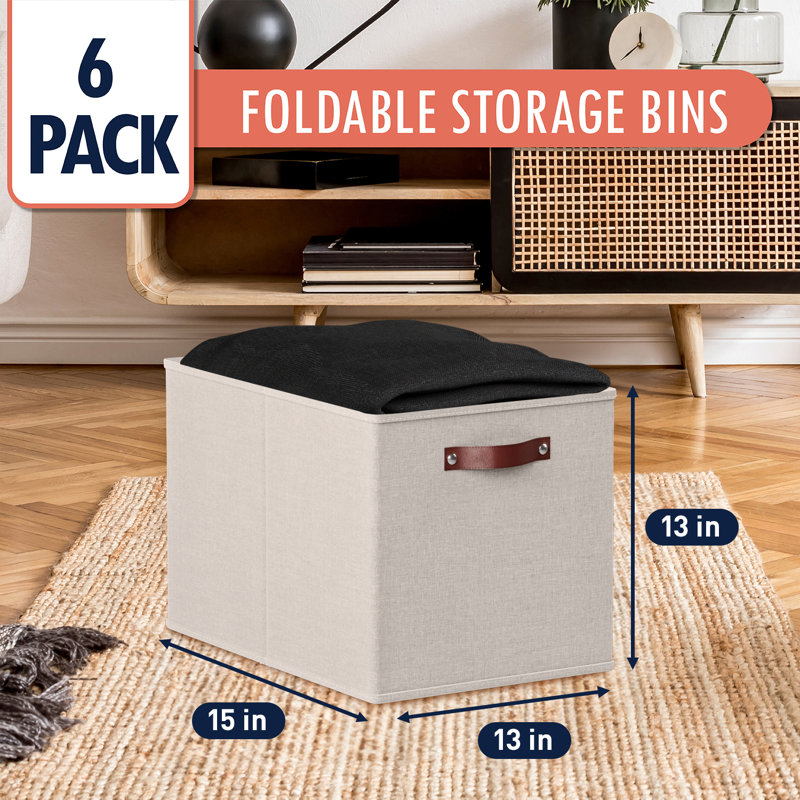 Beige Linen Foldable Storage Cubes with Leather Handles, Set of 6