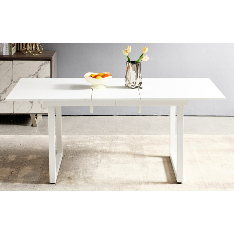 Table carrée moderne pour le salon avec finition blanc antique et pieds en métal, l 72,84 po x P 31,5 po, H 29,5 po, fonctionnalité extensible, longueur de salle à manger réglable, plateau