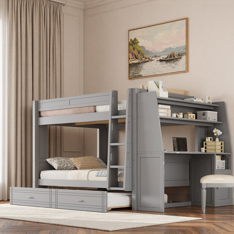 Lit superposé multifonctionnel avec bureau, étagères et lit gigogne, Gris