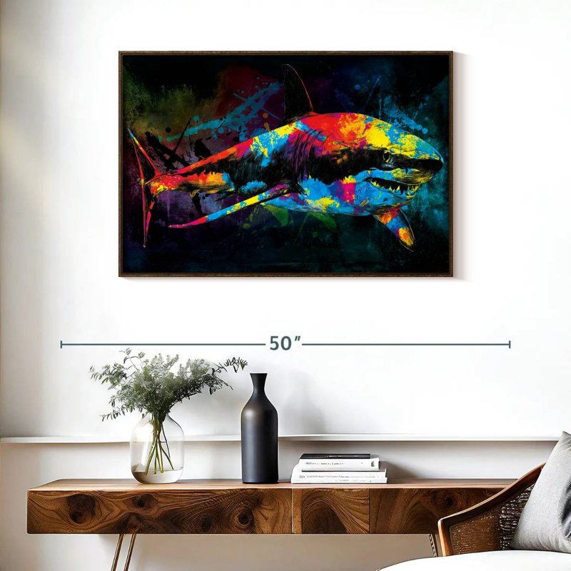 Grand requin blanc couleur grunge, 37 po x 25 po, Cadre flottant noyer