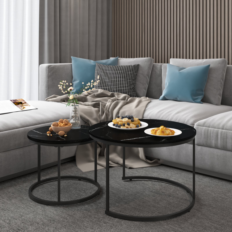 Ensemble de 2 tables basses gigognes, plateau rond en marbre de 27,6 pouces avec structure en métal robuste, tables d'appoint de table de bout pour le salon, la chambre et le balcon (noir)