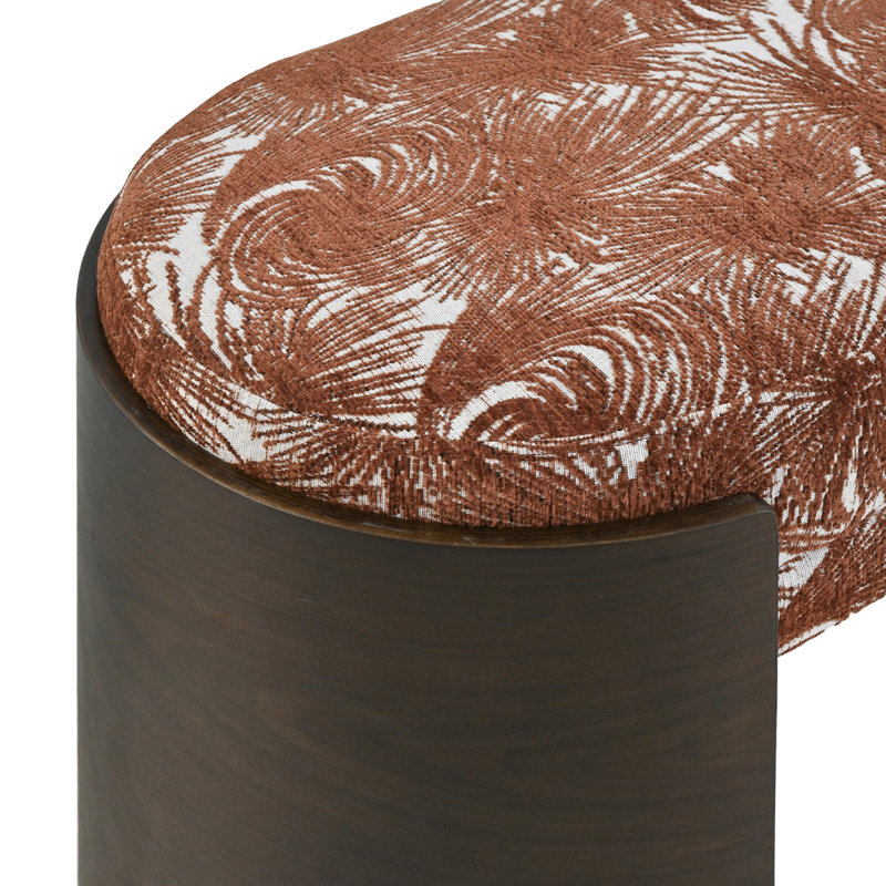 Banc rembourré de style Mid-Century avec imprimé de feuilles de palmier en chenille et pieds courbés en noyer pour le vestibule ou la chambre à coucher