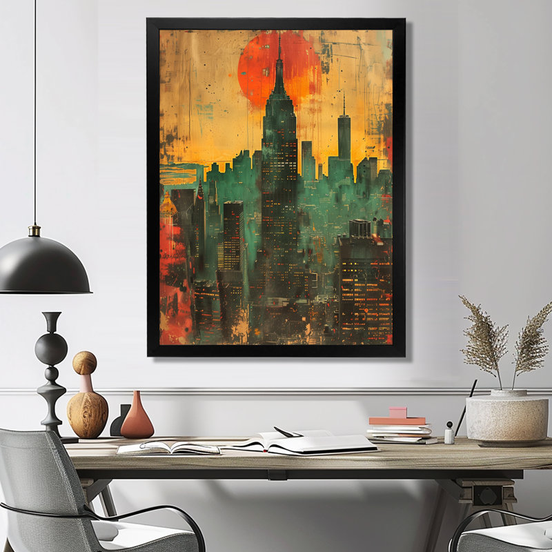 Rétro coucher de soleil sur Manhattan City - gratte-ciel, impression d'art mural, Toile encadrée noire simple