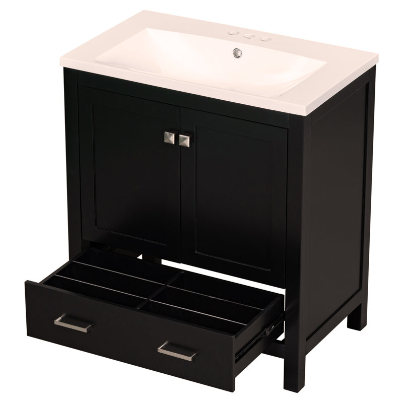 Meuble-lavabo noir 30 po avec lavabo simple, meuble-lavabo encastré, 2 portes et un tiroir