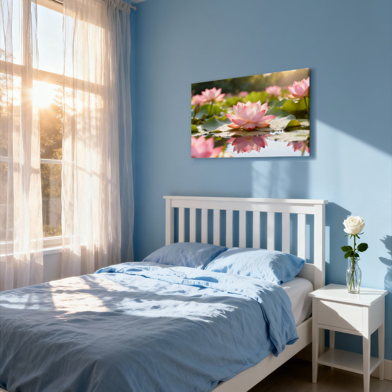 Ensemble de 1 tableau sur toile tendue représentant des fleurs de lotus roses sur l'eau, H 20 po x l 30 po
