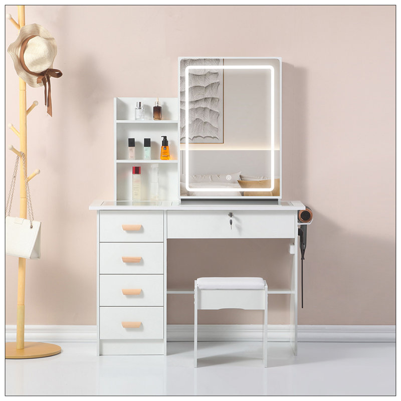 Nouvelle coiffeuse à miroir intelligente avec tiroirs et armoire de rangement, coiffeuse avec coussin de dressage