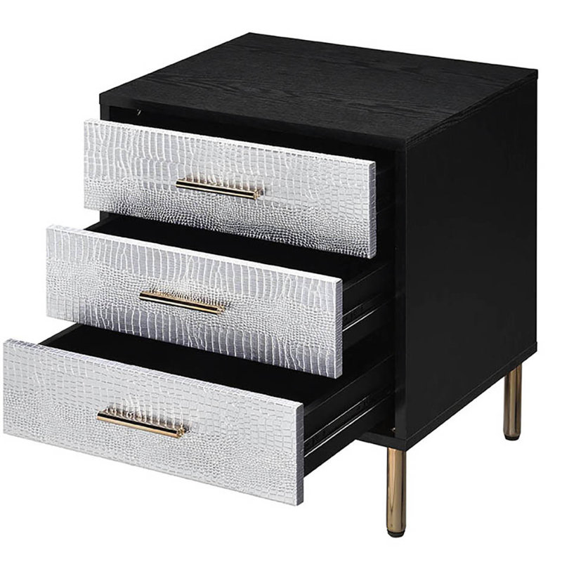 Glamour 3 table de chevet en noir, argent, or - solution de rangement de chevet argent et avec amplement de tiroirs chambre à coucher