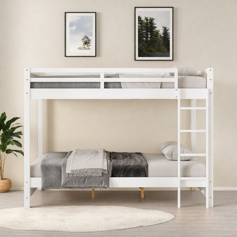 Lit superposé en bois grand avec échelle, Blanc
