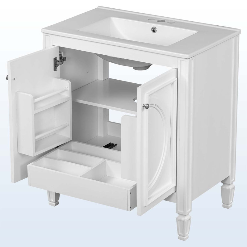 Meuble-lavabo de salle de bain avec lavabo, deux portes avec tablette, Blanc