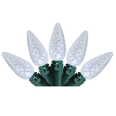 35 Battery Operated White Faceted LED C6 Christmas Lights - 11 ft Green Wire