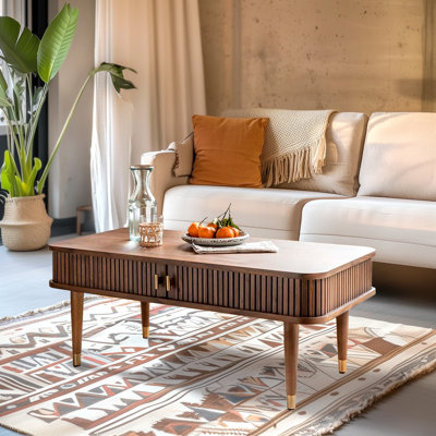 Corrigan Studio Mandea 39" Walnut Coffee Table with Storage Mid Century Danish Design and Brass-Style Hardware