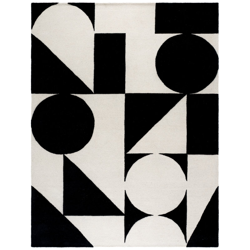 Geometric Handmade Tufted Wool Ivory/Black Area Rug, Rectangle 8' x 10'