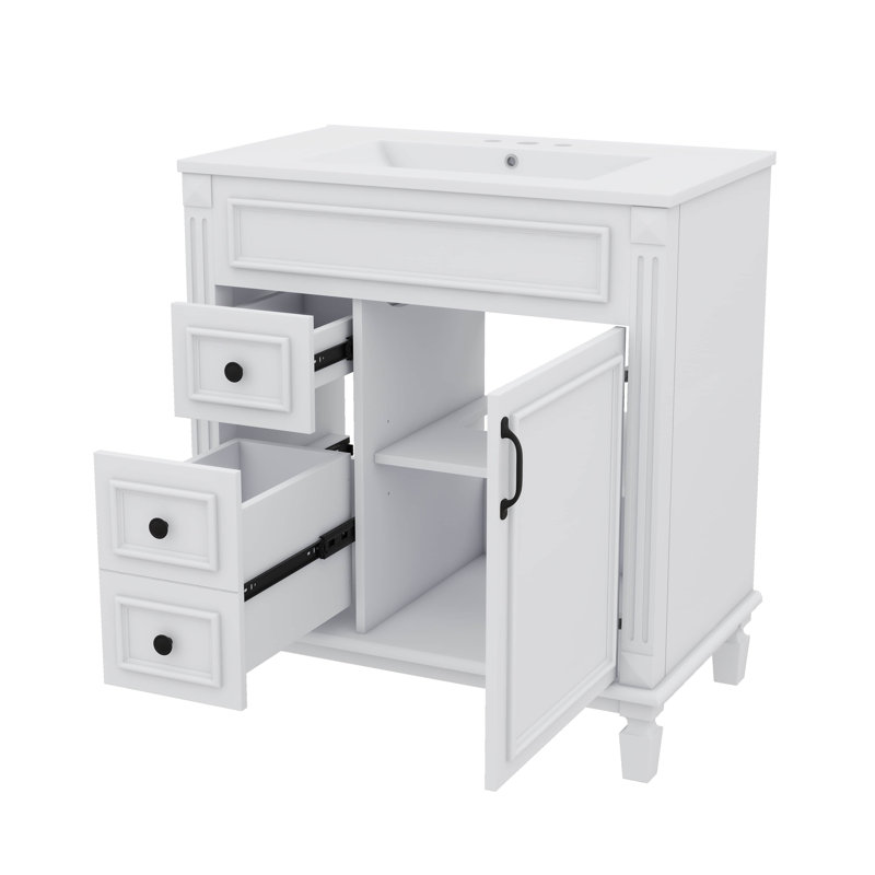 Meuble-lavabo de 30 po avec lavabo, meuble-lavabo moderne avec 2 tiroirs à gauche et tablette réglable, portes à fermeture douce