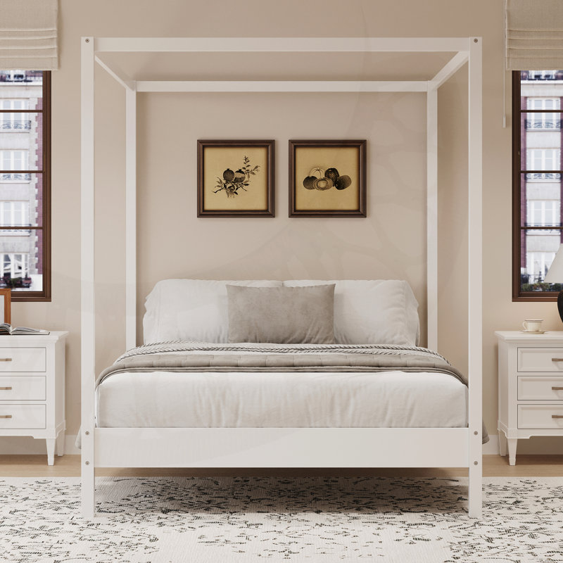  Modern Mid-Century Canopy Bed, White, King
