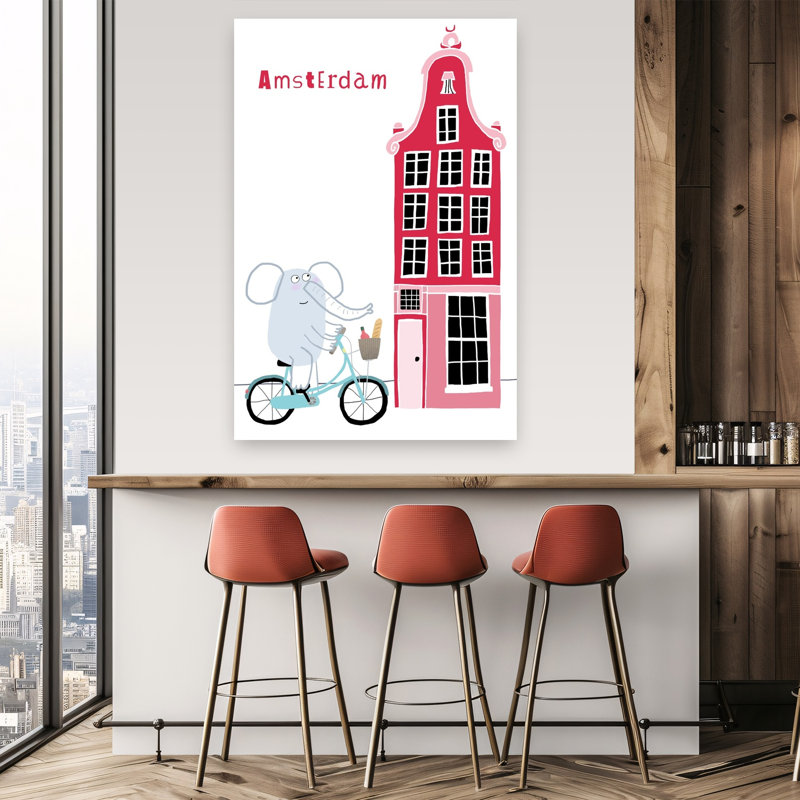 Affiche murale fantaisiste représentant une promenade à dos d'éléphant à Amsterdam. Illustration abstraite et enjouée d'un éléphant dans le style architectural de la ville.