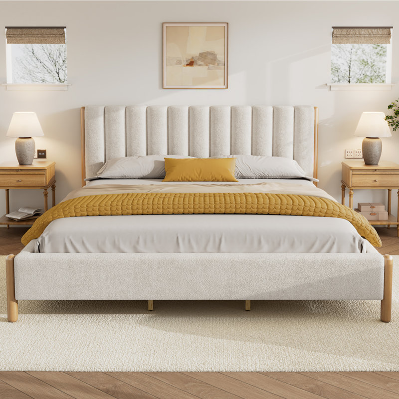 Colby Boucle Upholstered Bed With Thick Headboard & Wooden Legs, California King