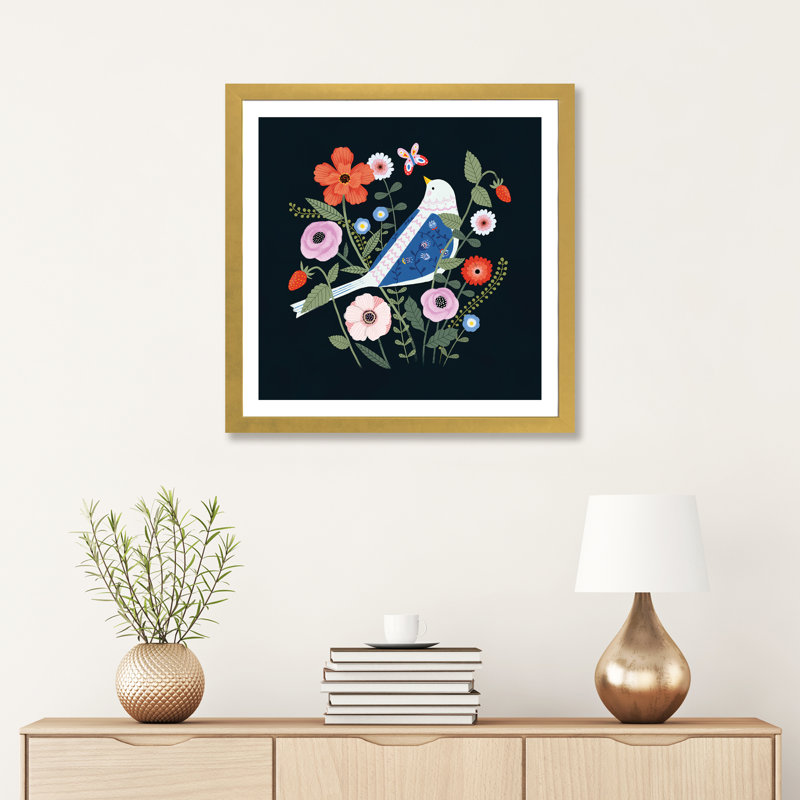 «Folk Garden I» par Victoria Borges - impression d'art graphique, H 24 po x l 24 po x p 1 po, Papier encadré doré, Blanc