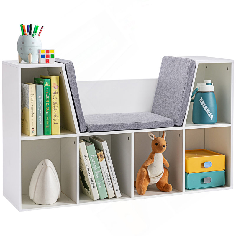 Bibliothèque à 6 compartiments avec coin lecture et coussin, rangement polyvalent pour chambre à coucher, salon, blanc pur