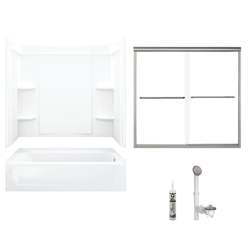 60" W x 73" H Frameless Rectangle Sliding Tub & Shower Kit with Towel Bar and Base Included, Nickel