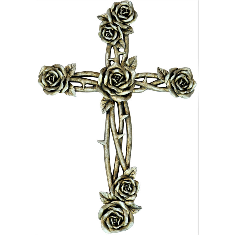 Résine rustique murale croix argentée motif rose et épines