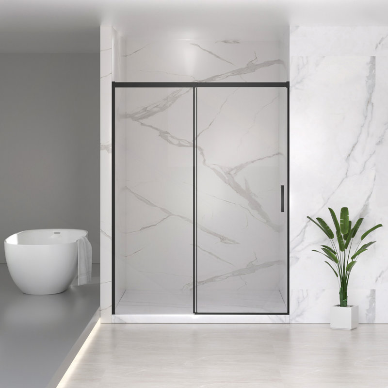 Porte de douche coulissante semi-sans cadre l 56 à 60 po x H 74 po, verre trempé clair de 1/4 po (6 mm), fini noir mat, largeur réglable - aucune découpe requise