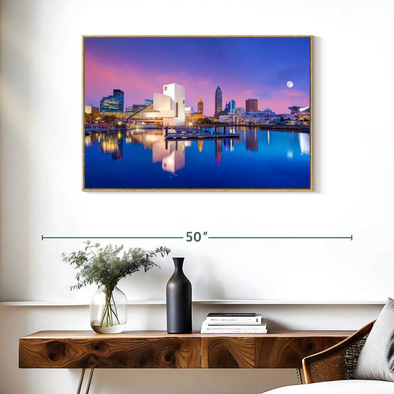 Horizon du centre-ville de Cleveland, Cadre flottant en bois naturel, 37 po x 25 po