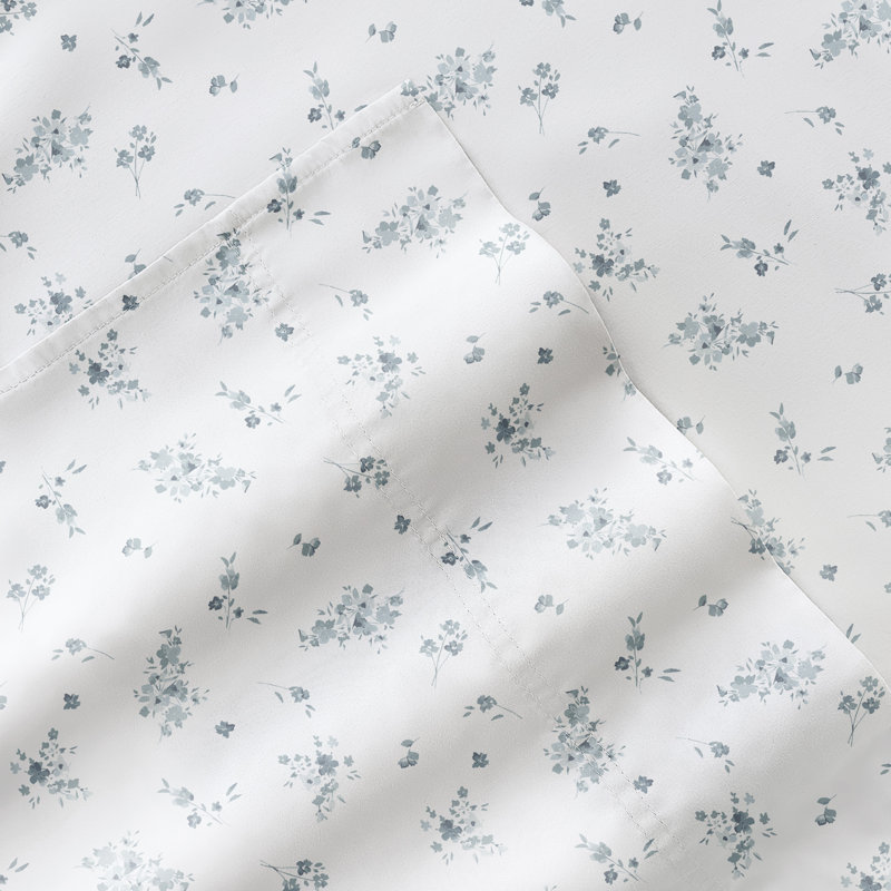 Ensemble de draps 100% satin de coton, Ensemble de draps très grand californien avec 2 t, Bouquet bleu clair Bliss