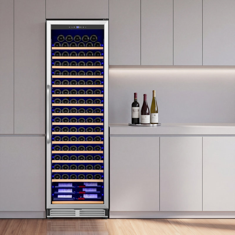 189 Bottle Built-in/Freestanding Single Zone Wine Refrigerator with Adjustable Thermostat, Blue LED Lighting, 16 Removable Beech Wood Shelves, UV-Resistant Glass Door, Quiet Compressor Cooling