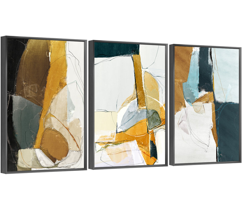 Abstrait aluminium encadré, ensemble de 3 reproductions encadrées en aluminium sur toile 8, H 24,3 po x l 48,3 po x P 1,65 po
