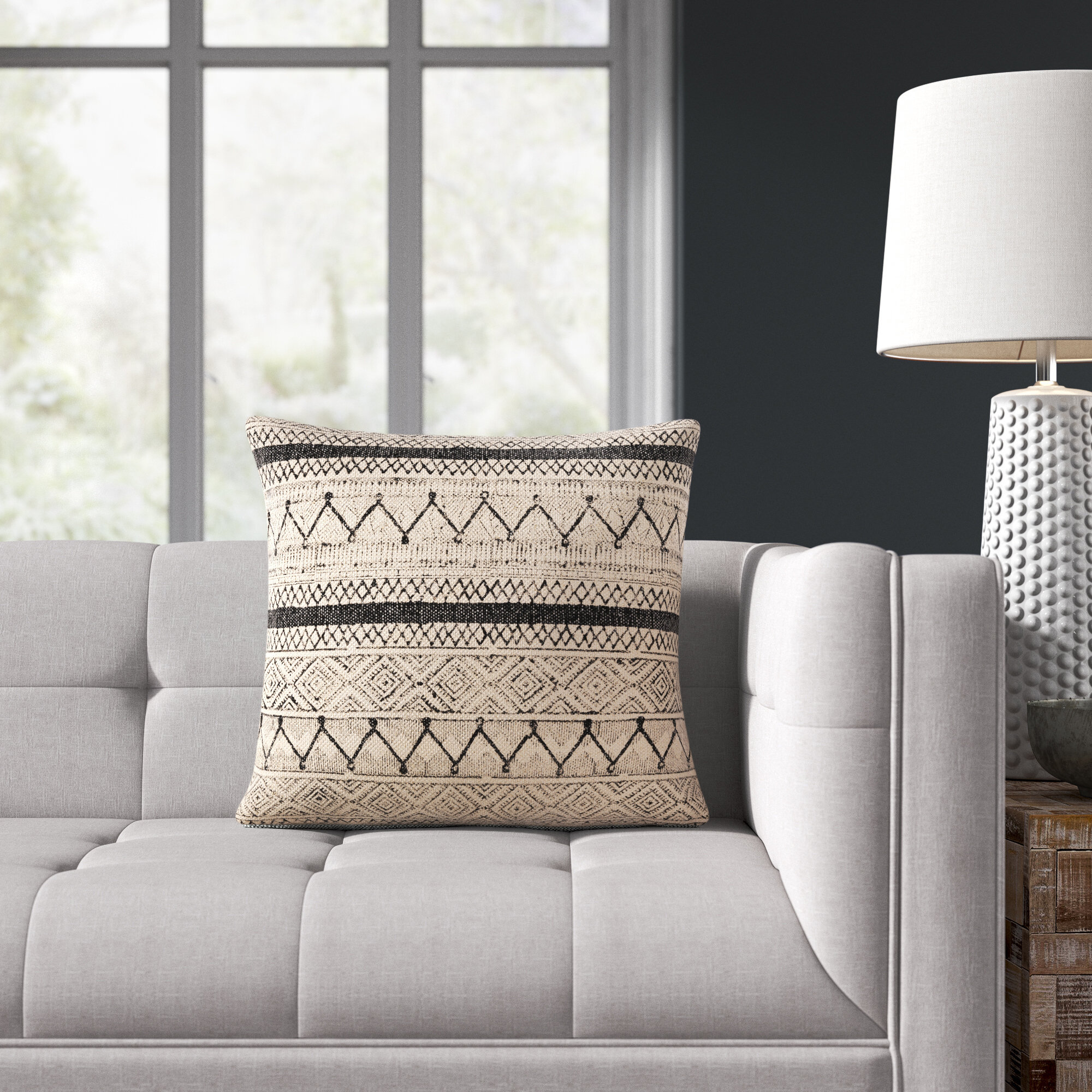 Zetta Geometric Cotton Throw Pillow, Light Beige/Black, Down, 18" x 18"