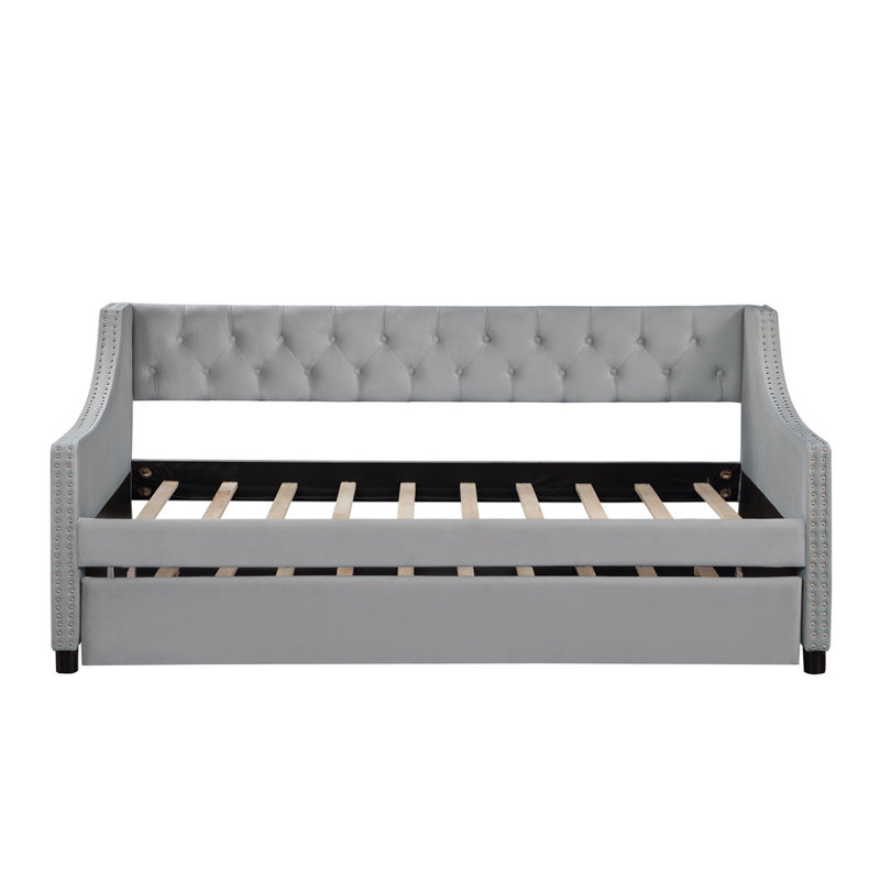 Upholstered and Tufted Daybed with Trundle, Designed as a Sofa Bed Features Buttons and Copper Nails on the Arms., Grey
