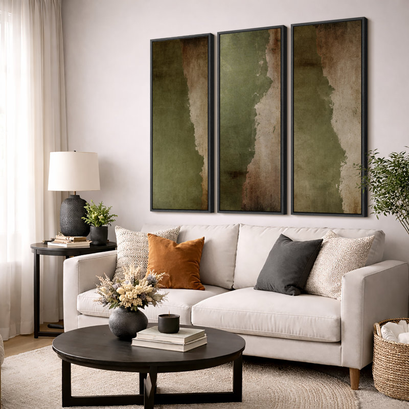 Subtile olive verte abstraite tons de terre triptyque - images très grandes impressions sur toile encadrées 3 pièces