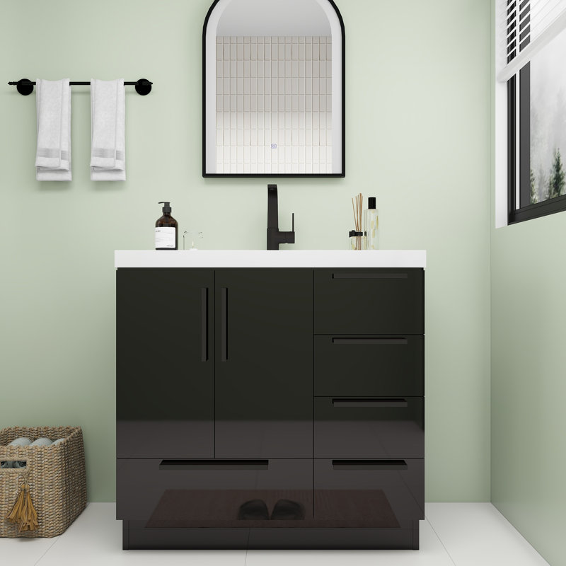 Meuble-lavabo autoportant avec tiroirs à droite Carla, Lustre noir, 35"