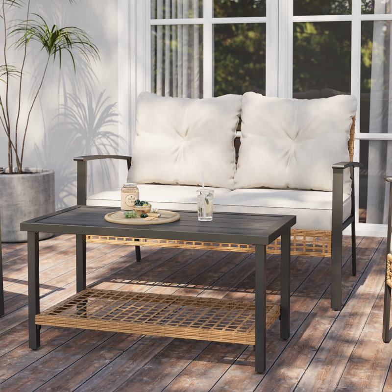 Causeuse de patio pour 2 personnes avec table basse et coussins beiges