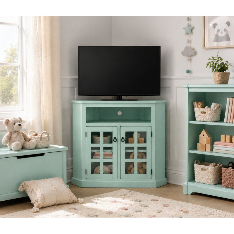 Meuble télé de coin en bois massif pour téléviseur de 55 po ou moins Campos, Bleu pâle