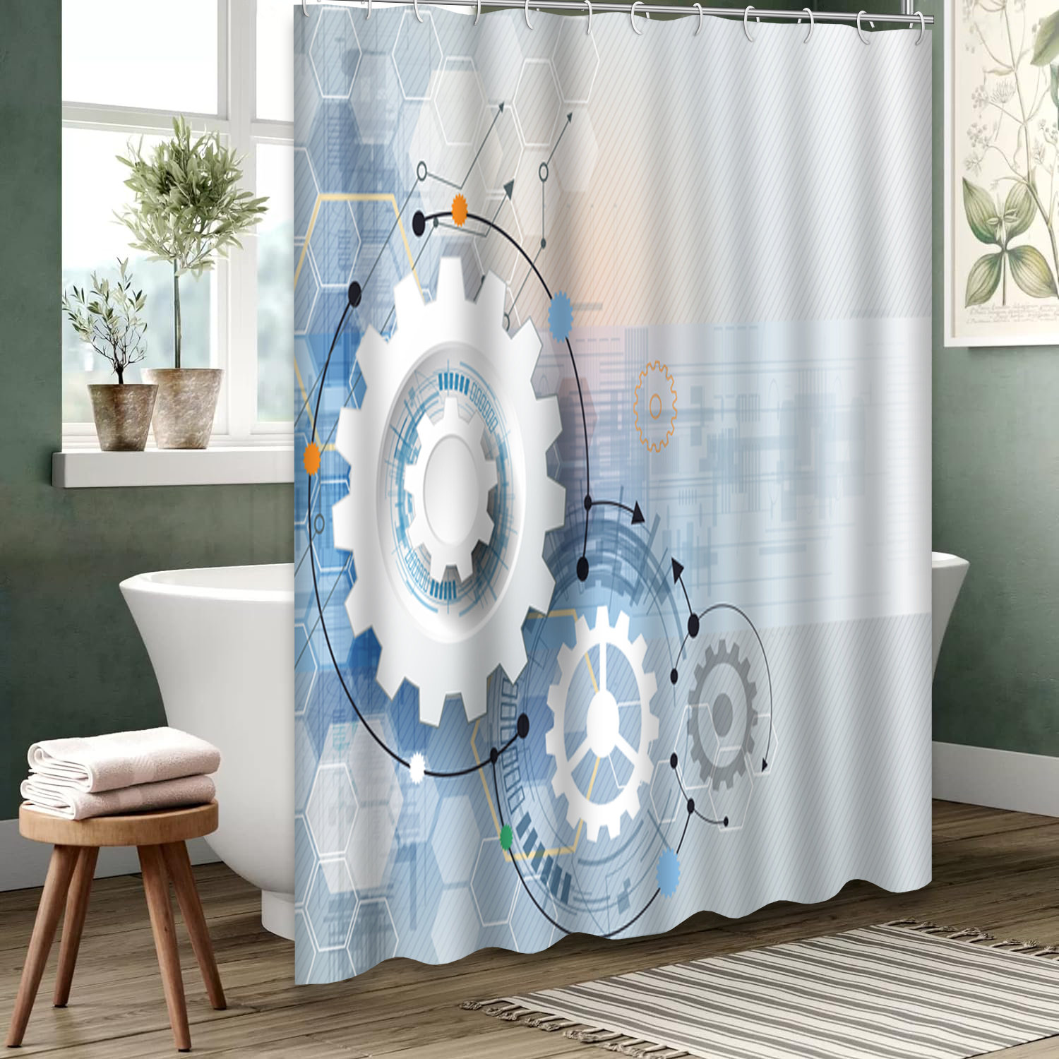 East Urban Home Light Blue Waterproof Shower Curtain,Gear Wheel and Board  Tech Digital Technology Engineering Shower Curtains for Bathroom with 12  Hooks,72 Inch | Wayfair, image size:1500x1500