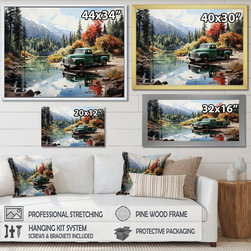 «Pickup Truck Tranquil Lakeside III», reproduction sur toile, Cadre flottant doré, H 24 po x l 32 po x P 1 po