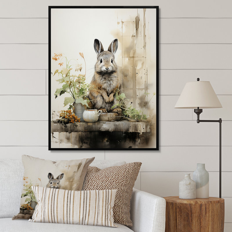 «Traeven Asian Art Rabbit Sumi I», reproduction sur toile, H 32 po x l 24 po x P 1 po, Cadre flottant noir
