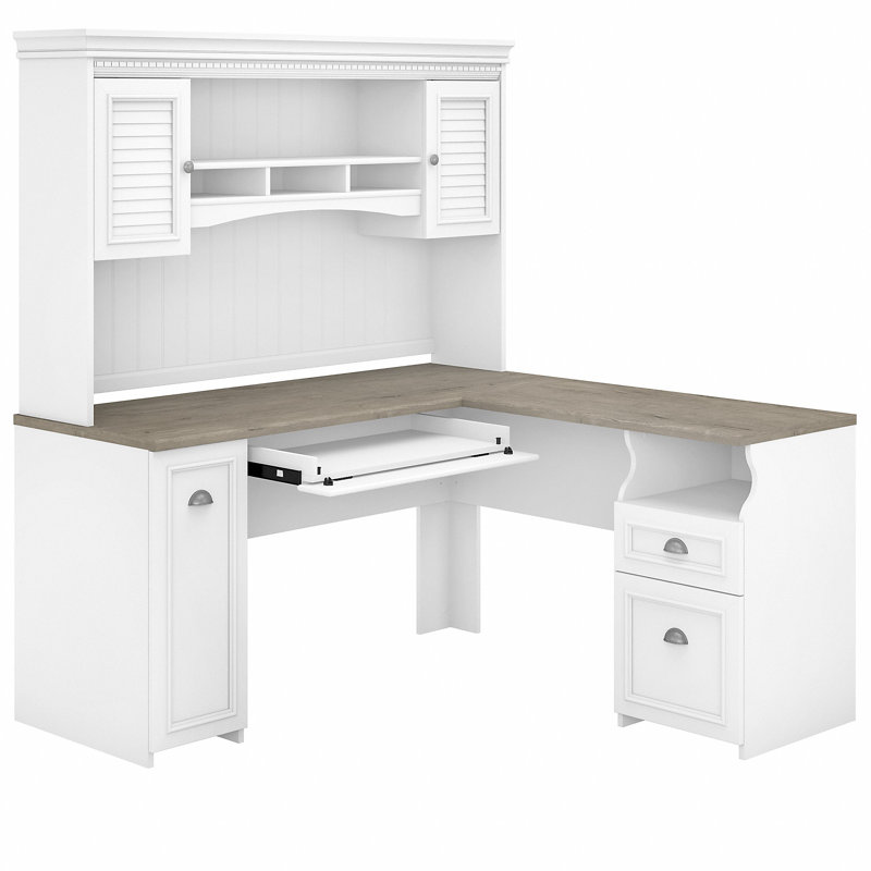 Ozro L-Shaped Executive Desk, Shiplap Gray/Pure White