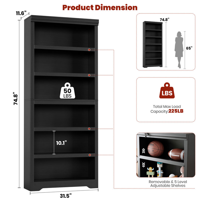 6-Tier Farmhouse Bookcase with Adjustable Shelves, Floor Standing Open Display Storage Rack, Anti-Slip Design, Black