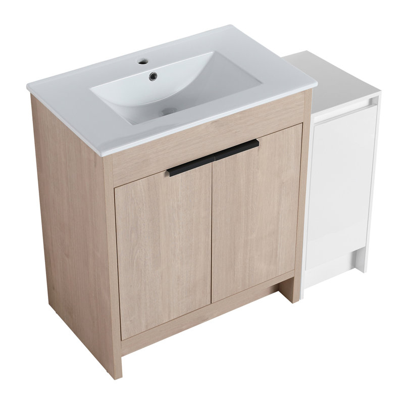 Meuble-lavabo autoportant de 42 po avec lavabo en céramique et armoires de rangement, Blanc, Chêne clair uni