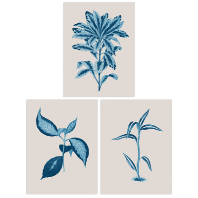 Modern Audubon Style Blue on Beige Detailed Leafy Plant Botanical 3 Piece Wall Art