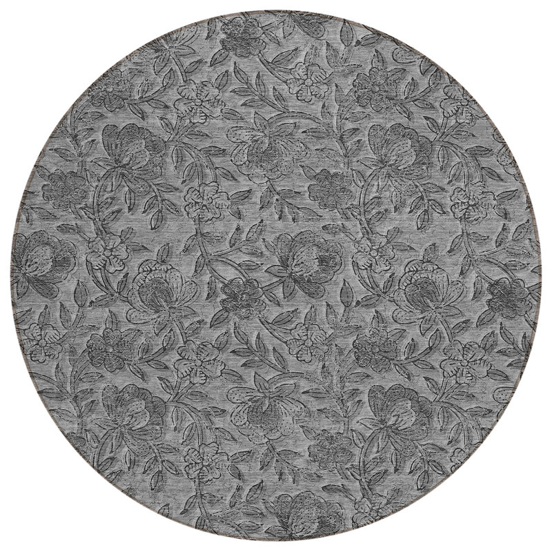 Tapis d'intérieur rond lavable floral gris anthracite et argent 8 pi