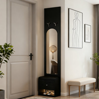 19.69" Modern Simple Black Entryway Coat Rack with Mirror, Shoe Bench & LED Lighting